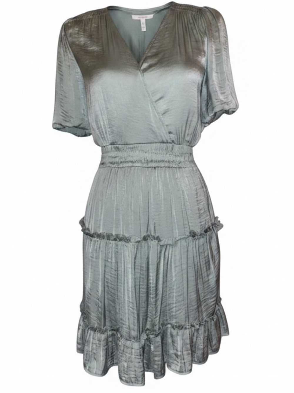 GLAM Midi Ruffle Dress with Balloon Sleeves & a Tiered Skirt Sage GRN SZM